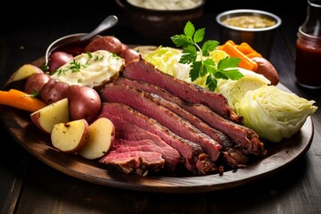 Savory Delight: Corned Beef with Cabbage and Potatoes Presented on a Serving Platter - obrazy, fototapety, plakaty