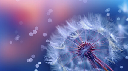 Dandelion seed, plant, flower with single water drops or droplets on blue, purple background
