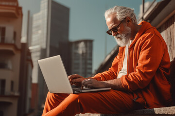 Fototapeta na wymiar Older male sitting outside and using laptop while holding it in his lap.