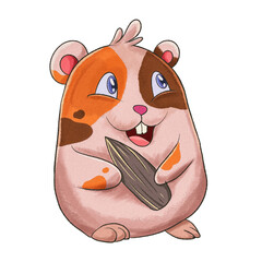 Cute hamster eats sweet potato sunflower seeds painting style watercolor Icon Illustration. Hamster...