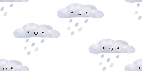 Seamless childish pattern with white rainy clouds. Cute funny weather background