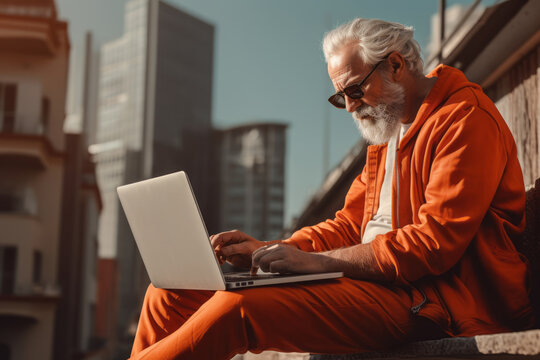Older male sitting outside and using laptop while holding it in his lap.