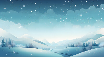 Serene winter night landscape with glowing stars over snow-covered mountains and forest.