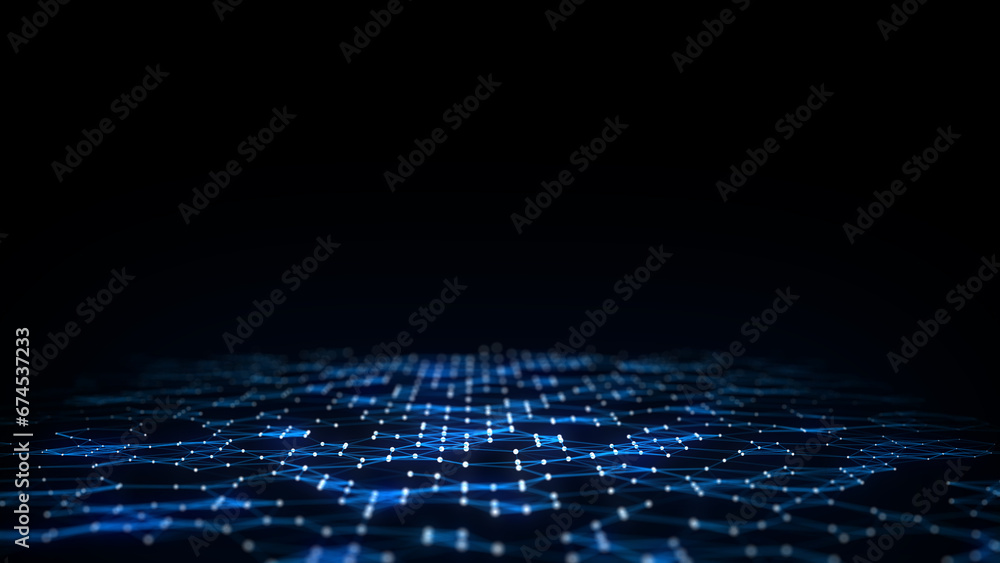 Poster abstract technology wave of particles. big data visualization. background with motion dots. artifici