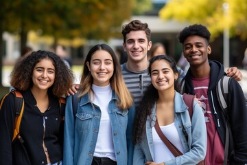 Fototapeta premium Academic Diversity: Students Eagerly Assemble on College Campus, Embarking on a New School Year