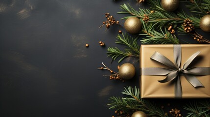 Holiday composition with wrapped presents and fresh spruce branches with copy space. AI generated