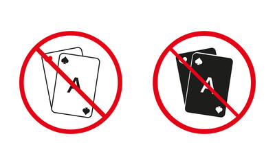 No Allowed Playing Black Jack and Royal Poker Sign. Prohibited Game Card Deck Line and Silhouette Icon Set. Ban Play Card. Stop Casino Gambling Red Symbol Collection. Isolated Vector Illustration