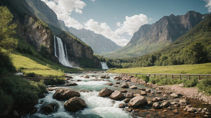 Fototapeta na wymiar Nature, mountain river, high waterfall, beautiful summer landscape, wildlife.