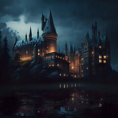 Obraz premium Mysterious castle in a rainy night, Generative AI illustrations