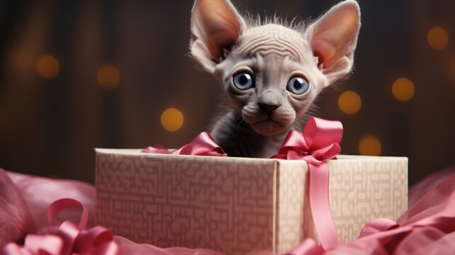 Sphinx kitten plays with a gift boxes, ribbons on New Year evening, blurred lights. Sphinx. Horizontal banking poster background for ad. Photo AI Generated