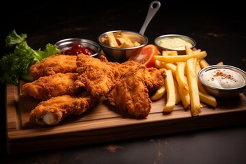 Crispy Fried Chicken Strips and French Fries Platter with Dipping Sauces