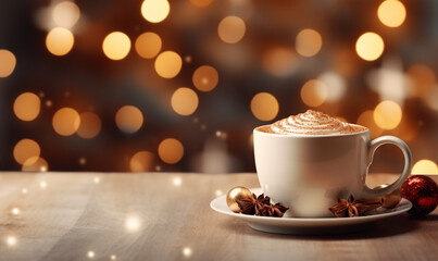 cup of coffee with cinnamon sticks in Christmas time with lights bokeh background