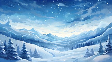 Serene winter landscape with falling snow and snow-covered mountains and forest.