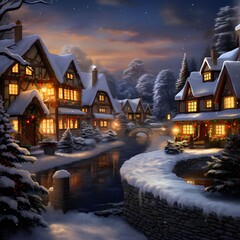 Winter landscape with houses in the village at night. 3d rendering