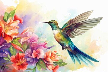 Hummingbird in Flight: Watercolor Style Illustration with Colorful Flowers