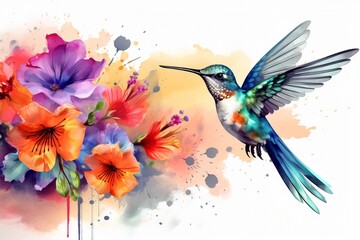 Hummingbird in Flight: Watercolor Style Illustration with Colorful Flowers