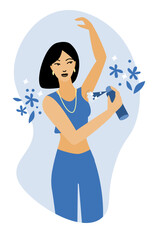 Deodorant vector illustration. Protection against sweat. Woman using antiperspirant. Fresh feeling. Hygiene concept.