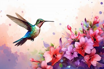Obraz premium Hummingbird in Flight: Watercolor Style Illustration with Colorful Flowers