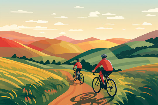 Mountain biker cyclists shown in a contemporary athletic abstract design cycling bike landscape, computer Generative AI stock illustration image