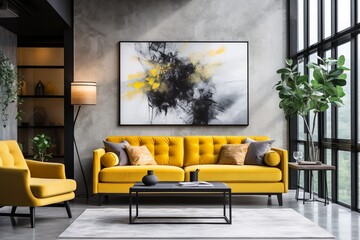 Contemporary Living Room with Yellow Couch and Wall Art