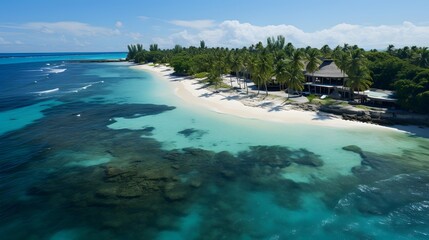 Aerial panoramic view of tropical beach with turquoise water and palm trees