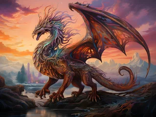 Foto auf Leinwand 3D rendering of a fantasy dragon flying over a mountain river at sunset © Iman