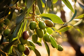 Ripe Olives on an Olive Tree Branch in a Sunny Orchard