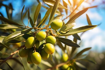 Fototapeta premium Ripe Olives on an Olive Tree Branch in a Sunny Orchard