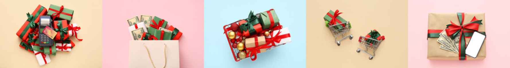 Set of Christmas gifts with shopping carts, payment terminal and money on color background