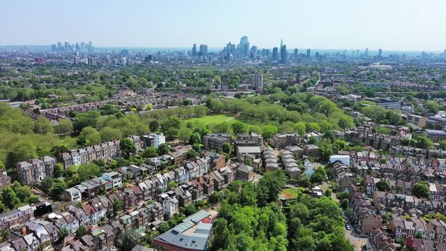 London, England: Aerial view of capital city of UK, Highbury Fields Park in Islington on sunny summer day - landscape panorama of United Kingdom from above
