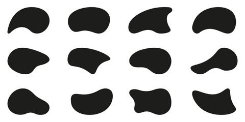Blob Irregular Shape. Random Organic Blotch Set. Liquid Round Silhouette Form. Fluid Amorphous Blobs. Black Asymmetric Bubbles Collection On White Background. Isolated Vector Illustration