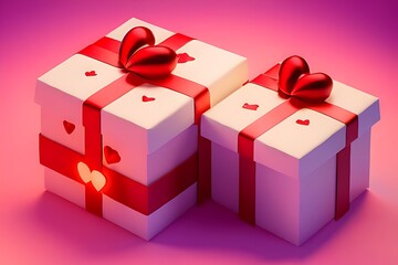 Gift box with red bow ribbon and glowing hearts  Valentines day