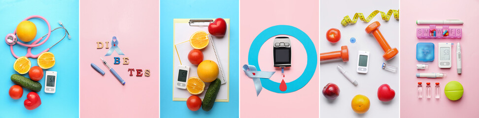 Collage of glucometer with insulin, sports equipment and healthy ptoducts on blue and pink...