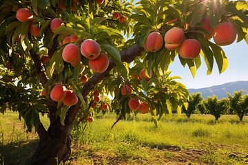 Ripe Peaches on a Sunny Day in the Orchard