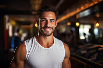 Fototapeta premium portrait of bodybuilder resting in gym while looking at camera. Healthy lifestyle. personal trainer