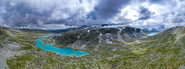 Aerial view above the glaciers melting into the permafrost of Jostedalsbreen National Park	