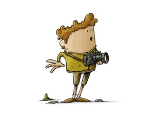 Illustration of Amazed Man with Curly Hair Holding a Camera, isolated. - 674544462