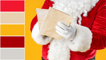 Santa Claus with letters on yellow background, closeup. Different color patterns