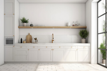 Modern luxury kitchen interior in minimal scandinavian style.Home interior of a trendy, stylish, bright. minimal white kitchen interior