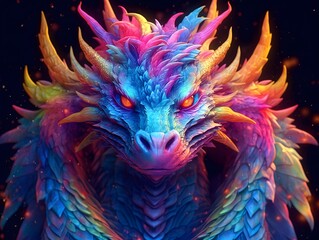 3D rendering of a fantasy dragon with neon lights on the background