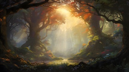 Fantasy forest with fog and sun. 3d render illustration.