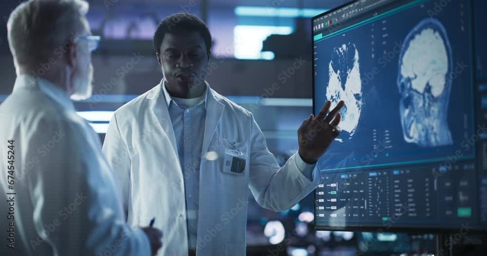 Poster neuroscience laboratory meeting: black male scientist and caucasian surgeon discussing mri brain sca