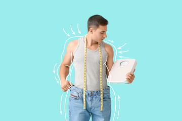 Young man after weight loss with scales and measuring tape on light blue background