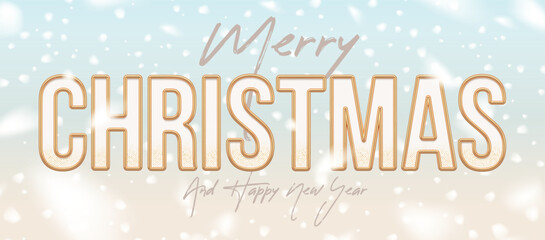 Fototapeta na wymiar Christmas greeting card with golden letters against a background with snowfall. Winter holiday design. Vector illustration.