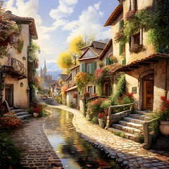 Fototapeta na wymiar Digital painting of a small street in the old town of Bergamo