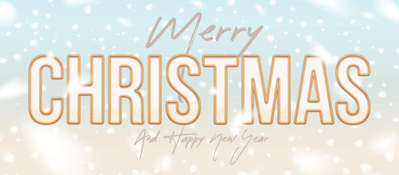 Christmas greeting card with golden letters against a background with snowfall. Winter holiday design. Vector illustration.