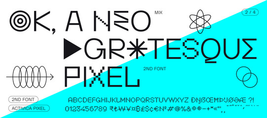 Headline alphabet Neo grotesque sans serif alphabet with graphic elements, sign, symbol, alternative letters. Classic creative new grotesk alphabet for design, typographic, poster. Vector Illustration