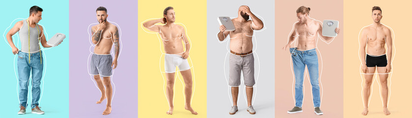 Set of different men after weight loss on color background
