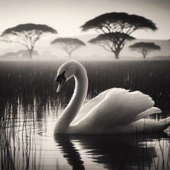 swan on sunset on the lake animal background for social media