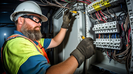 Male adult commercial electrician at work on a fuse box, adorned in safety gear with protective goggles. Construction industry, electrical system. 
 - obrazy, fototapety, plakaty